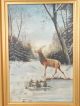Antique Victorian Snow Winter Woods Old Hunt Scene Folk Art Stag Deer Painting Victorian photo 1