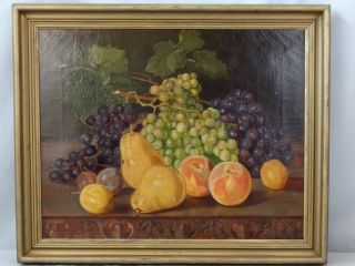 19thc Antique Victorian Era Still Life Pears Grapes Peaches Fruit Oil Painting photo