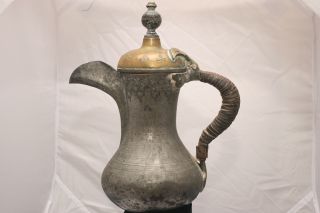 Early 18c Antique Islamic Tinned Silvered Copper And Brass Dallah Coffee Pot photo