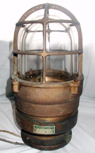 Nautical Light Fixture Cast Brass Cage Industrial Lamp Russell & Stoll Vintage photo