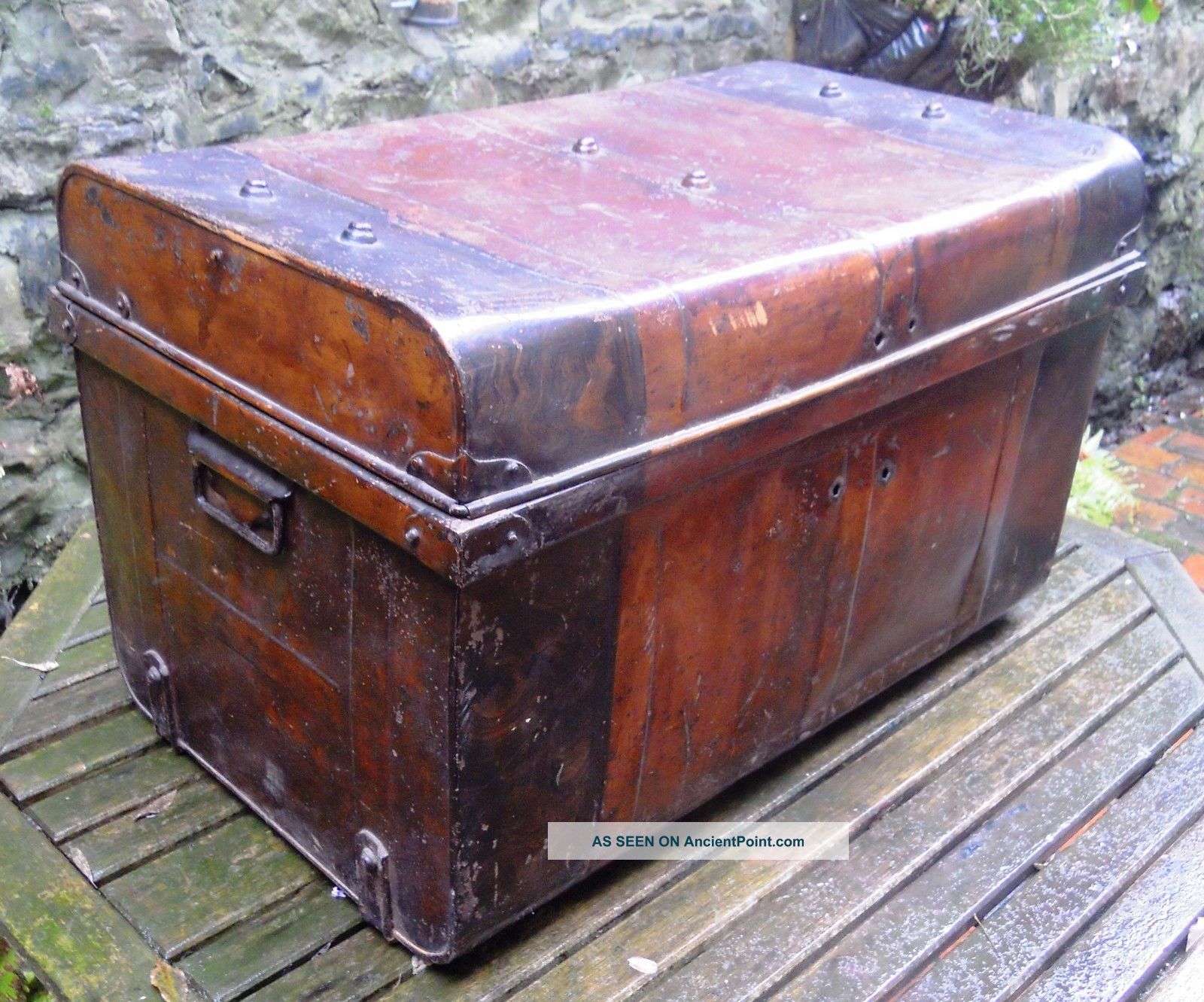 Antique Tin Steamer Trunk,  Travel Storage Luggage Toleware Chest Coffee Table 1900-1950 photo