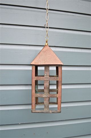 Lovely Arts And Crafts Copper Porch Lantern Hanging Light On Chain Circa.  1910 photo