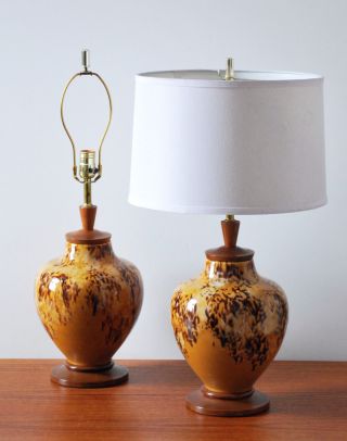 Mid Century Modern Danish Vintage Ceramic & Teak Pair Table Lamp photo