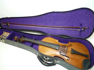 Antique/vintage Full Size 4/4 Scale Unmarked Violin W/ Old Bow & Case photo