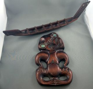 Zealand Maori Carved Wooden Canoe And Tiki With Paua Eyes photo