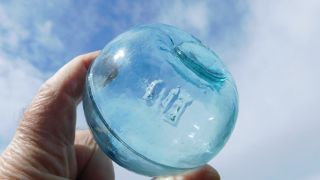 Vintage Beachcombed Japanese Glass Float Marked 10 - W/ Whittle Marks - Ice Blue photo