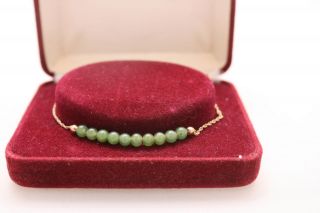 Antique Chinese Green Jade Beads 14k Yellow Gold Necklace photo