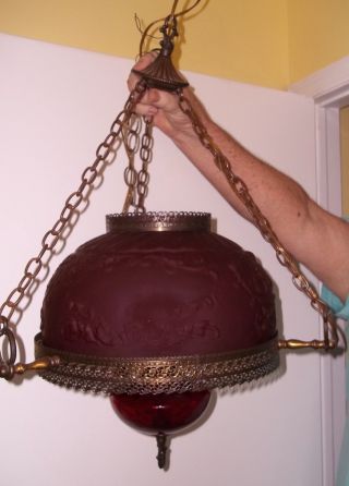 Antique Victorian Hanging Parlor Lamp C1888 Brass Hanging Electric Converted Oil photo