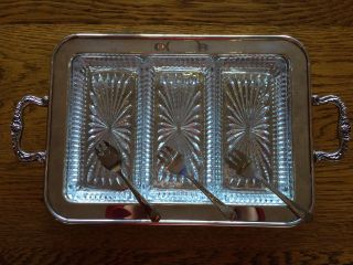 Vintage Leonard Silverplate Tray With 3 Glass Inserts & 3 Serving Forks photo