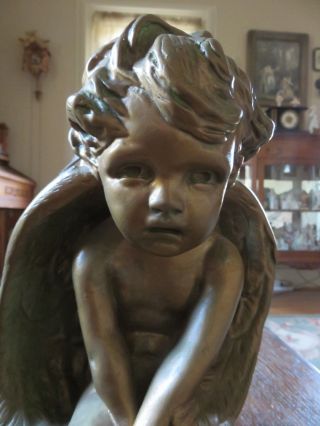 Vintage French Cottage Gold Gilt Chalkware Statue Figural Sitting Cherub Putti photo
