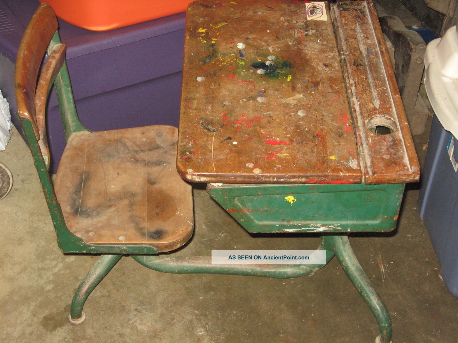 Antique Child ' S Flip Up Wooden School Desk Ink Well Attached Swivel Seat Chair 1900-1950 photo