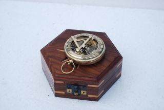 Brass Antique Sundial Compass Vintage Pocket Push Button Sundial Compass Gift photo