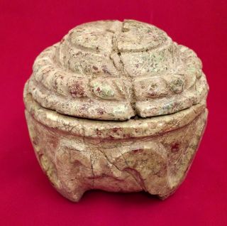 Carved Stone Lidded Vessel Vase Antique Pre Columbian Artifact Mayan Aztec photo