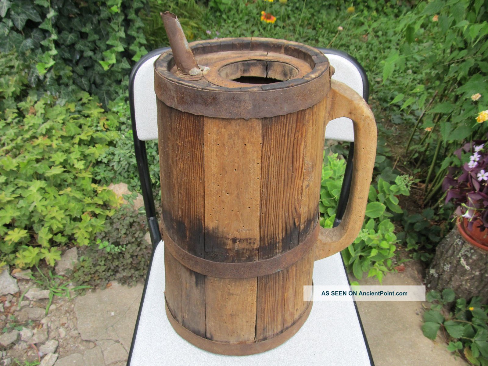Rare Antique Old Massive Wooden Vessel Canteen Keg Water Can - Iron Banded Primitives photo