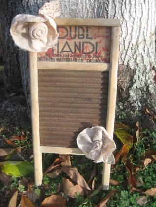 Vintage Dubl Handi Columbus Wood Clothes Washboard,  W/ Handmade Shabby Flowers photo