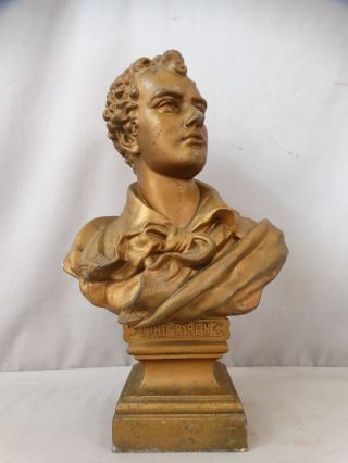 19thc Antique Victorian Poet Lord Byron Figural Piano Bust Old Library Statue photo