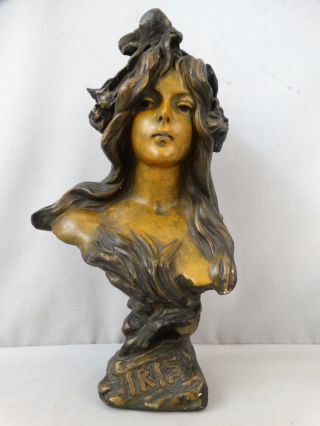 19thc Antique Art Nouveau Iris Bronzed Figural Chalkware Old Lady Bust Statue photo