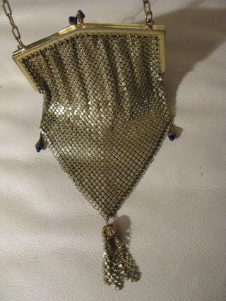 Antique Art Deco Cobalt Blue Glass Gold T Chain Mail Mesh Tassel Flapper Purse photo