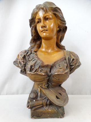 19thc Antique Art Nouveau Mignon Bronzed Figural Terracotta Old Lady Bust Statue photo