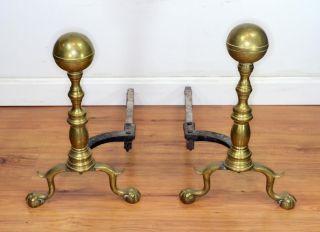Andirons Fireplace Cast Solid Brass Ball Claw Large 17 In Antique 1800 photo