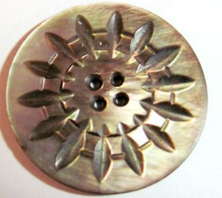 Antique Button Carved Mother Of Pearl Abalone Shell Large 1 1/2 