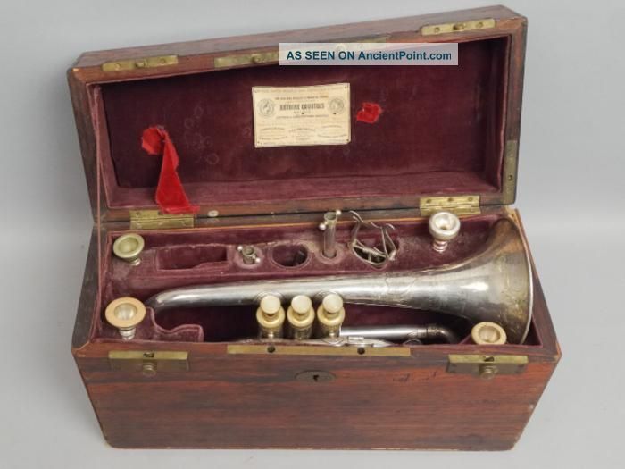 Antique 19c Antoine Courtois Cornet Horn In Orig Rosewood Veneer Case Brass photo