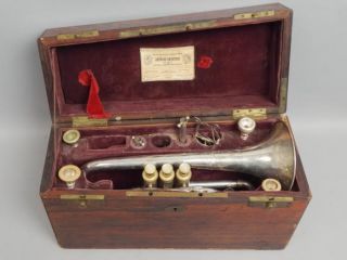 Antique 19c Antoine Courtois Cornet Horn In Orig Rosewood Veneer Case photo