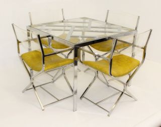 Mid Century Modern Chrome Glass Dining Table 4 Lucite And Chrome Chairs Baughman photo