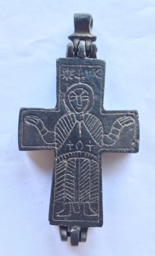Large Ancient Byzantine Bronze Double Sided Reliquary Cross Pendant Of Christ photo