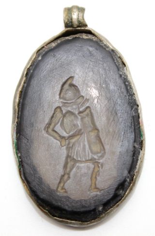 Roman Silver Intaglio Medallion With Agate Stone Depicting Gladiator 100 - 200 Ad photo