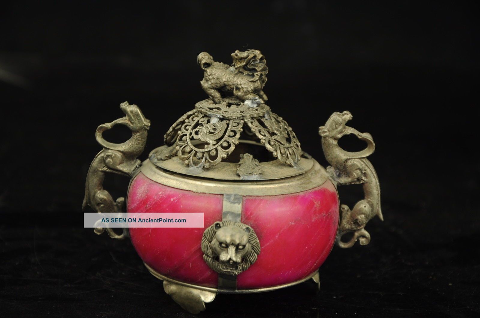 Chinese Silver & Jade Handwork Carved Dragon Incense Burner & Lid Lion Incense Burners photo