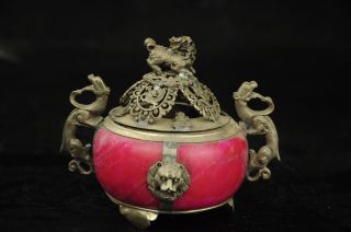 Chinese Silver & Jade Handwork Carved Dragon Incense Burner & Lid Lion photo