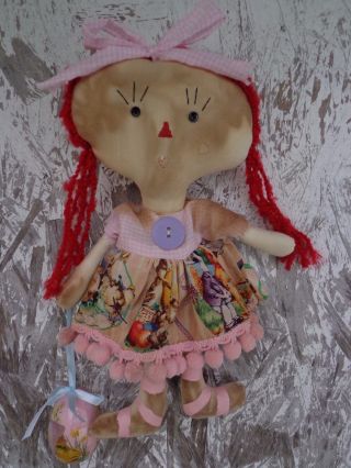 Primitive Easter Raggedy Ann Doll In Vintage Easter Print Dress Shelf Sitter photo