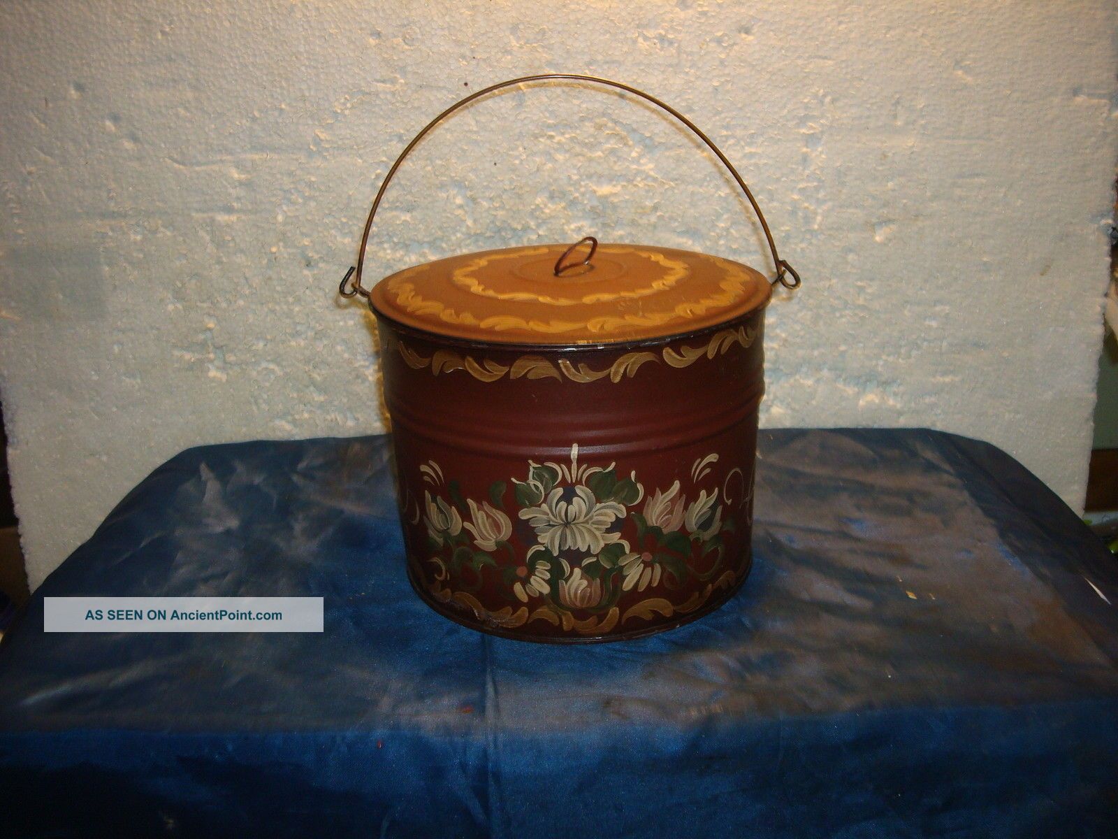Antique Tin Red Pale Canister Toleware Handpainted Flowers Signed B.  C.  P Primitives photo