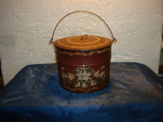 Antique Tin Red Pale Canister Toleware Handpainted Flowers Signed B.  C.  P photo