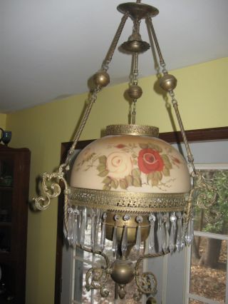 Gorgeous Victorian Hanging Library Oil Lamp Reverse Paint Rose 14 