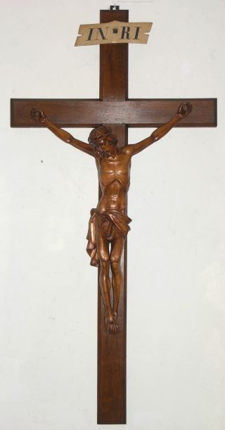 Antique Lrg.  (58x29) Crucifix W.  Carved Linden Wood Corpus Christy photo