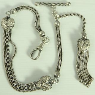 Antique White Metal Albertina Ladies Tassel Fob 8 Inch Watch Guard Chain photo