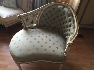 Gorgeous Vintage French Settee Sofa Chair Cane Seafoam Bee - De - Lis Fabric photo