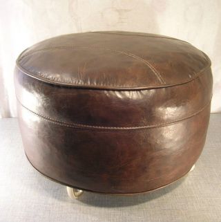 Vintage Hassock Ottoman Footstool Round Vinyl Brown Wheels photo