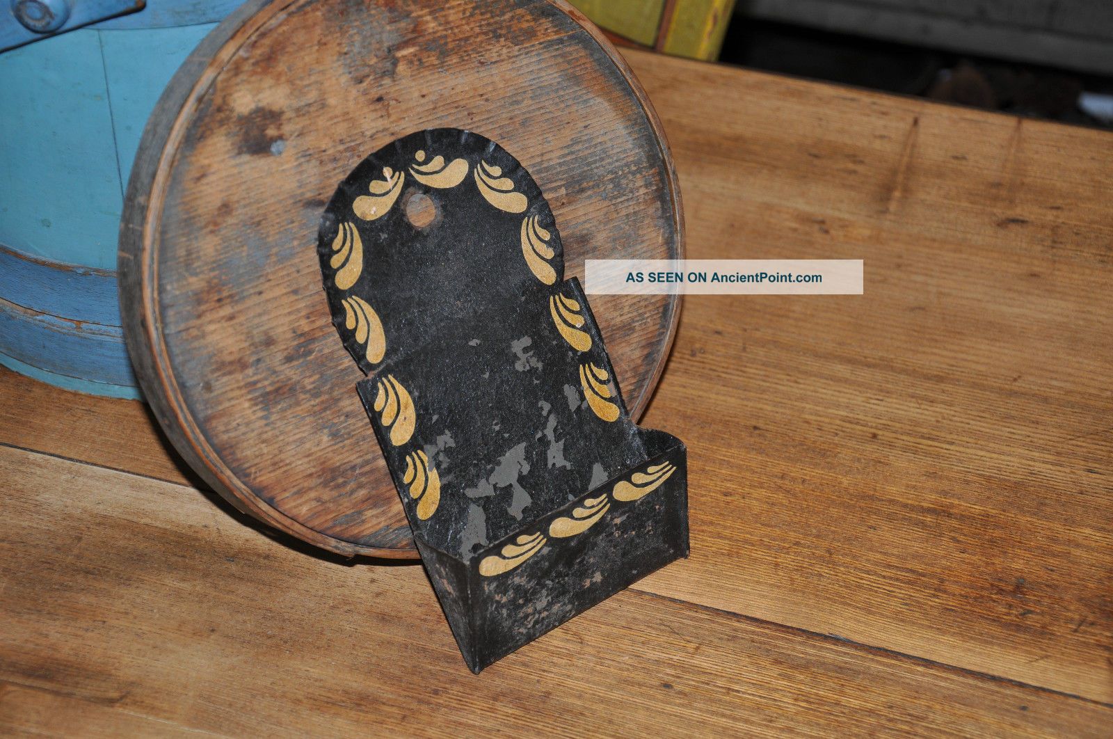 Antique 19th Century Primitive Hanging Tin Match Holder Safe Tray Fireplace Primitives photo