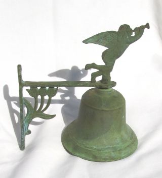 Vintage Verdigris Metal Figural Angel Trumpet Wall Mnt Dinner Bell Garden Decor photo