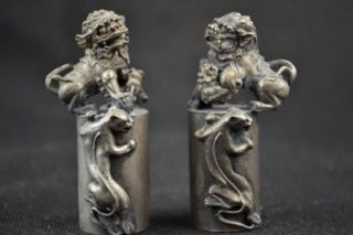A Pair Collectible Decorated Hand Miao Silver Carving Kylin & Leopard Statue photo