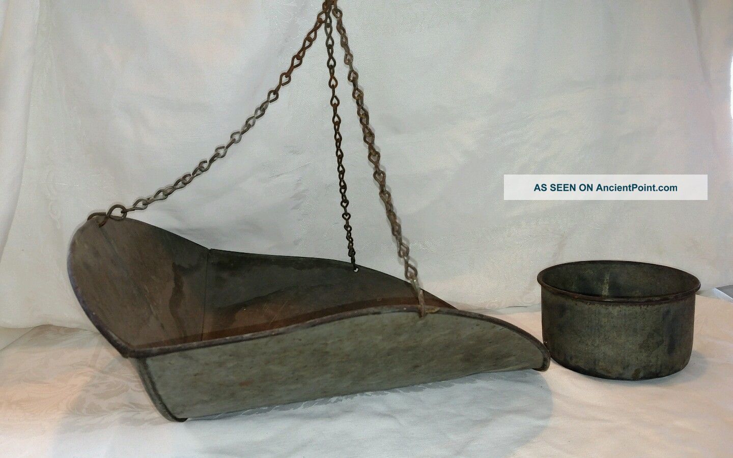 Antique Hanging Scale Scoop Tray W/ Chain & 1 Qt.  Nyc Round Scoop Scales photo