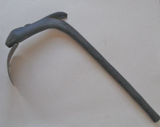 Large Antique African Hand Forged Iron Adze,  Hoe With Animal Wooden Handle photo