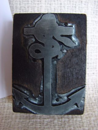 Antique Printers Type English Pewter Mounted Print Block Anchor & Serpent 2 - 1/2 