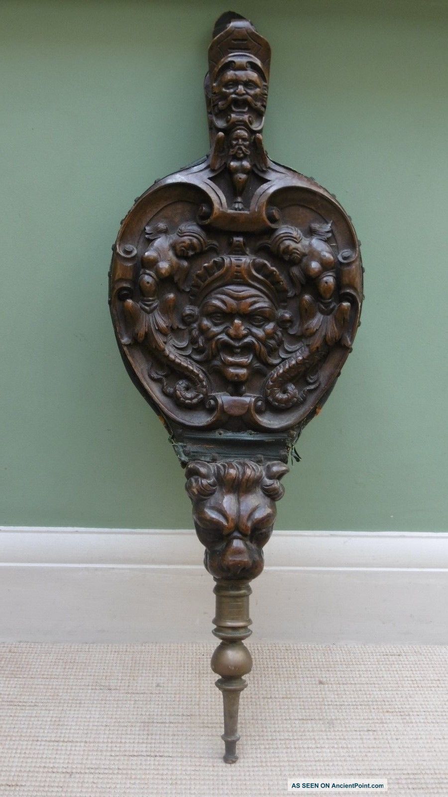 Stunning Mid 19thc Walnut Wood Fireside Bellows With Gothic Carvings Other Antique Woodenware photo