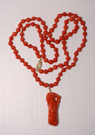 Vintage Chinese 14k Gold Carved Red Coral Beaded Pendant Necklace photo