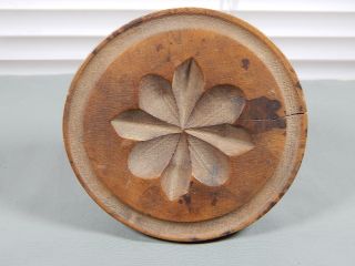 Antique Primitive Carved Wood Butter Mold Press Stamp Flower 5 3 - 5/8 