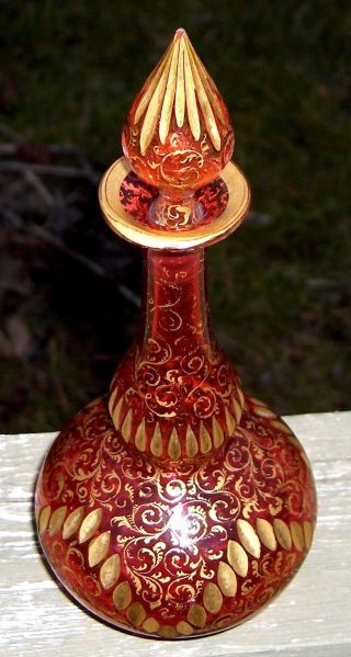 Moser Bohemian Art Nouveau Gilt Enameled Art Glass Cranberry Perfume Bottle 8.  25 photo